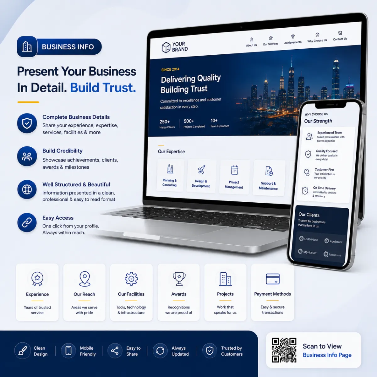 Showcase your experience, expertise, service area, key benefits, achievements, and important details in a clear, beautiful, and trustworthy way.