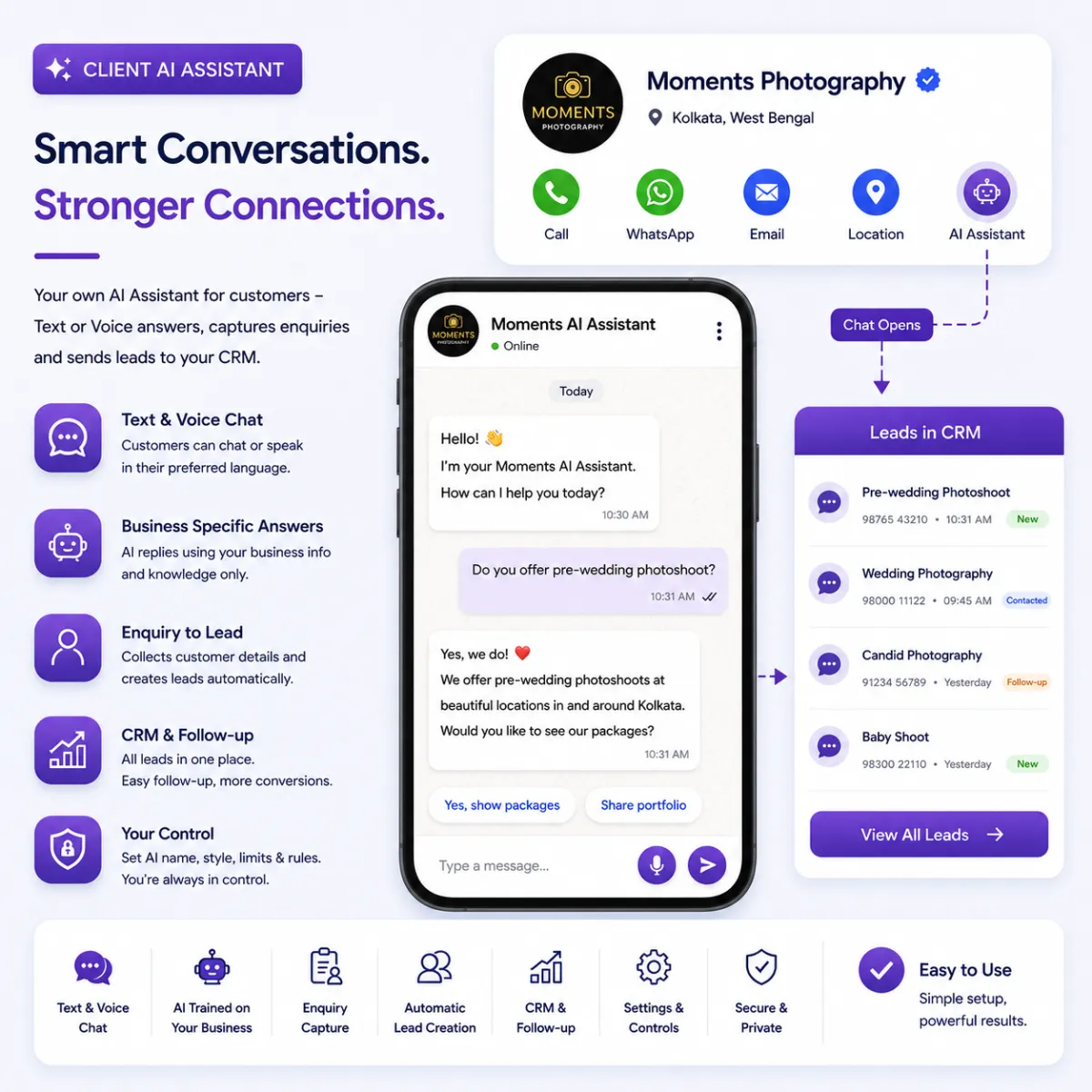 Your own AI Assistant — text & voice support, enquiry-to-lead capture, easy CRM follow-ups, and full control in your hands.